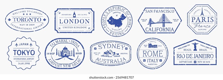 Blue travel stamps featuring cities like Tokyo, London, and Paris. Travel-themed stamps highlight destinations like Tokyo, London, and Paris. Explore travel stamps. Blue travel stamps, vector set.