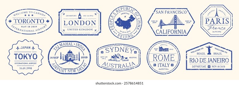 Blue travel stamps featuring cities like Toronto, London, Beijing, San Francisco, Paris, Tokyo, Sydney, Rome, and Rio de Janeiro. Travel-themed stamps. Blue travel stamps, vector set.