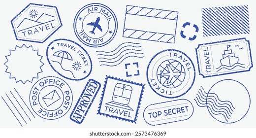 Blue travel stamps with travel icons, travel tickets, and themes. Includes stamps for air mail, tickets, and approval. Blue travel stamps, vector set.