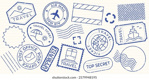 Blue travel stamps with various designs, including travel tickets, post office, and air mail. Travel-themed stamps for enthusiasts and  lovers. Blue travel stamps, vector set.