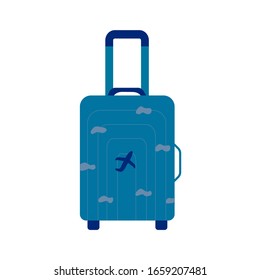 Blue travel suitcase with airplane prints colorful illustration cartoon vector