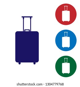 Blue Travel suitcase icon isolated on white background. Traveling baggage sign. Travel luggage icon. Set color icon in circle buttons. Vector Illustration