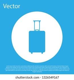 Blue Travel suitcase icon isolated on blue background. Traveling baggage sign. Travel luggage icon. White circle button. Flat design. Vector Illustration