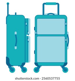 Blue travel suitcase with pockets and clasp on wheels. Traveling mobile luggage. Vector illustration, isolated object, symbol, icon, sign