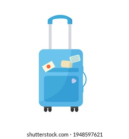 Blue travel suitcase. Time to travel. Flat vector graphics.