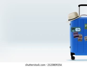 Blue travelers suitcase with stickers and a hat. 3d vector banner with copy space for a text