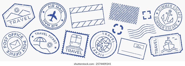 Blue travel-themed stamps with travel icons like planes, ships, and tickets. Travel stamps, travel icons, and travel motifs in a postal style.