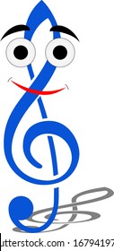 Blue treble clef with eyes and mouth. Cartoon style. Shadow. Vector.