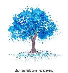 Blue tree in abstraction style with splashes