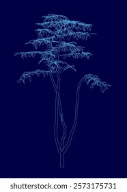 Blue tree with a blue background. The tree is very tall and has a lot of branches