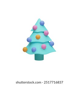 Blue tree decorated with Christmas ornaments balls. 3D object. Render. Spruce. New Year's graphic design element. Cartoon style. Vector illustration isolated on white background.
