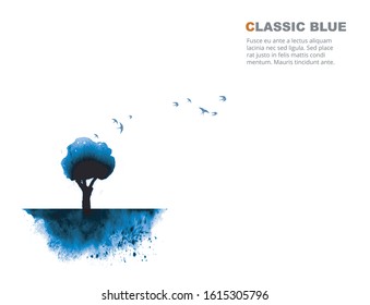 Blue tree and flock of birds on white background. Blue - color of the year 2020.
