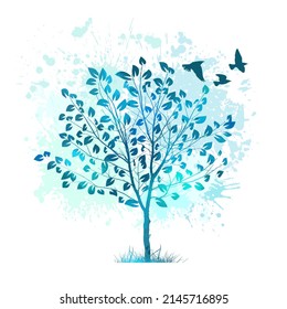 Blue tree with flying birds. Vector illustration