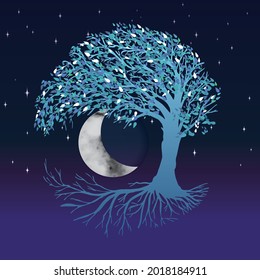 
Un árbol azul de la vida o un yggdrasil en un cielo nocturno. La luna grande es visible. El árbol está en tintes azules.
