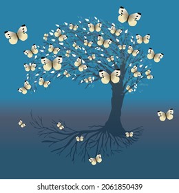 A blue tree of life or yggdrasil  with small white butterflies.  The tree is in blue tints. The background is a blue gradient and has a twilight feeling