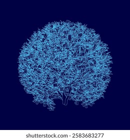 A blue tree with many branches and leaves. The tree is surrounded by a blue background. The tree is made up of many small lines and shapes