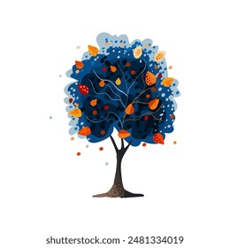 Blue tree with orange and yellow leaves. Autumn Hand drawn. Watercolor style. Flat vector illustration.