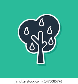 Blue Tree with pears icon isolated on green background. Agricultural plant. Organic farm product. Gardening theme.  Vector Illustration