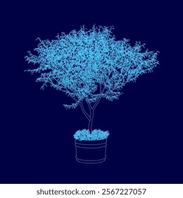 Blue tree is in a blue pot. The tree is small and has a blue color