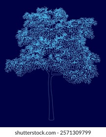 Blue tree is shown in a blue background. The tree is very thin and tall, with a long trunk and branches. The blue color of the tree and background creates a calming and serene atmosphere