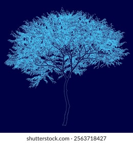 Blue tree with a blue trunk and blue leaves. The tree is the main focus of the image