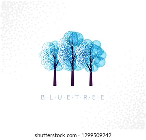 Blue trees in abstraction style with white snow or floral elements. Frozen forest. Vector emblem.