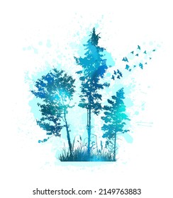 Blue trees with birds. Vector illustration