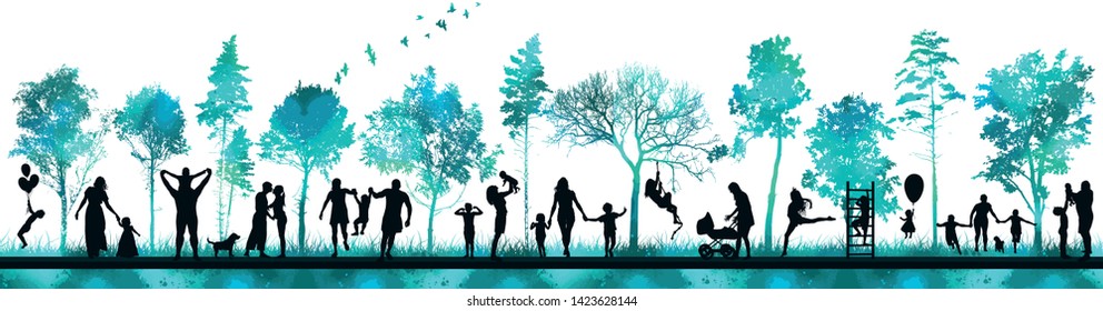 Blue trees in the park. Silhouettes of people walking in nature. Family in the forest.
 Vector illustration