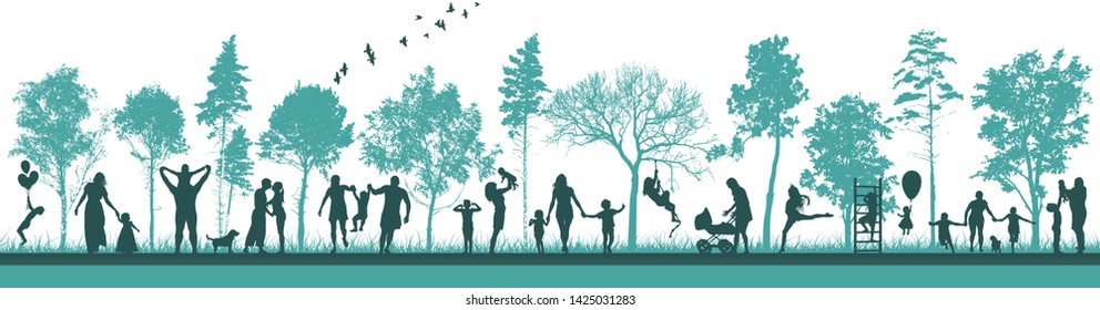 Blue trees in the park. Silhouettes of people walking in nature. Family in the forest.
 Vector illustration