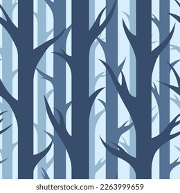 Blue trees seamless pattern. Forest nature backdrop, woods vector illustration. Abstract graphic art