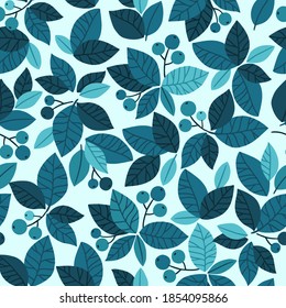 Blue trends leaves and berries. Hand-drawn vector seamless pattern for poster, card or background