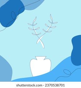 Plantillas de arte cuadrado abstracto de moda azul con elementos geométricos, de hoja y jarrón.  Antecedentes vectores de publicaciones en medios sociales, aplicaciones móviles, diseño de carteles. 