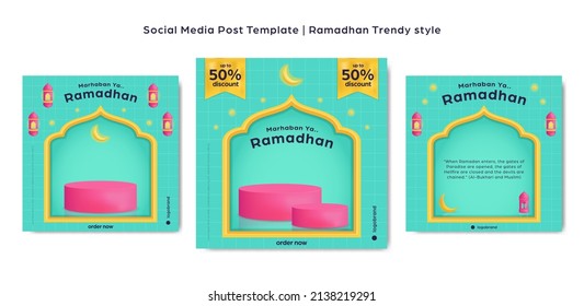 Blue Trendy Colorful Instagram Square Post Background Islamic Ramadhan Template Set For Product Sale Promotion With 3d Platform Podium Showcase Display