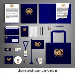 Blue trendy corporate identity template design with gold Notary symbol. Modern abstract business set stationery.