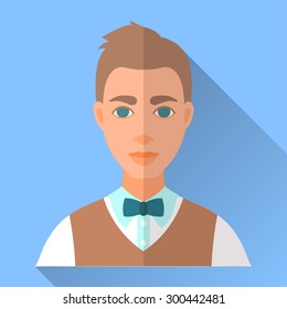 Blue trendy flat square wedding day fiance icon with shadow. Illustration of handsome future husband with short stylish brown hair wearing white shirt, brown waistcoat and blue bow tie.