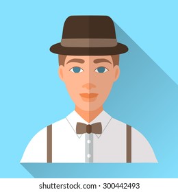 Blue trendy flat square wedding day fiance icon with shadow. Illustration of handsome future husband wearing stylish brown hat, white shirt, braces and brown bow tie.