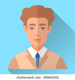 Blue trendy flat square wedding day fiance icon with shadow. Illustration of handsome future husband with short curly brown hair wearing light brown hipster suit, white shirt and blue tie.
