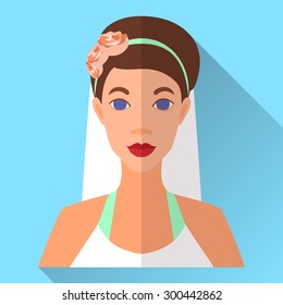 Blue trendy flat square wedding day fiancee icon with shadow. Illustration of an attractive bride with beautifully pinned brown hair wearing floral headband, white open shoulder dress and veil.