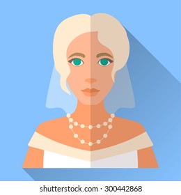 Blue trendy flat square wedding day fiancee icon with shadow. Illustration of an attractive blonde bride with stylish hairdo wearing white open shoulder dress, veil and pearl necklace.