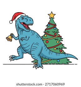 Ilustración vectorial de dinosaurio azul t-rex. Dinosaurio feliz con sombrero de santa. Lindo animal prehistórico saludando la temporada de invierno.