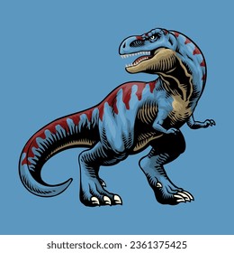 Blaue T-Rex mit rotem Streifen handgezeichnet Illustration im Vintage-Stil