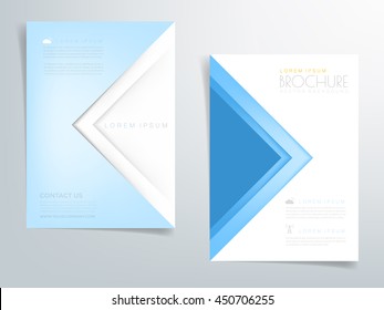 Blue triangle arrow brochure template flyer background and header design with white space and brown label for text and message in A4 size , Vector