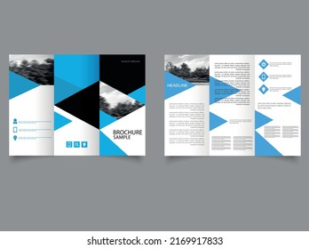 Blue triangle business trifold Brochure leaflet flyer report template vector minimal flat design set, abstract tri fold layout templates a4 size