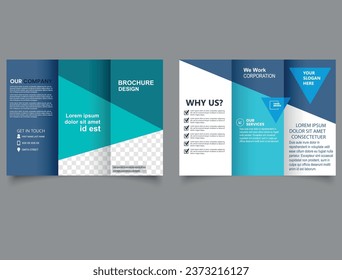 Blue triangle business trifold Leaflet Brochure Flyer report template vector minimal flat design