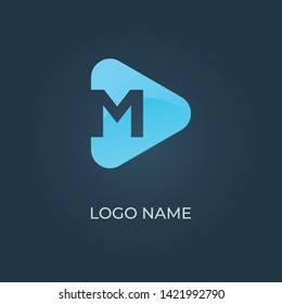 Blue triangle button with alphabet letter M on isolated dark blue background