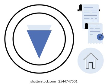 Triángulo azul en círculos concéntricos con un Comprobante y el ícono de la casa sugiere la gestión financiera. Ideal para organizaciones, finanzas, presupuestos para el hogar, contabilidad y temas de productividad. Moderno