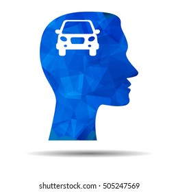 Blue Triangle design icon with human head, brain and car. Abstract Blue Triangle Polygonal Man head and car