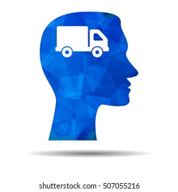 Blue Triangle design icon with human head, brain and truck. Abstract Blue Triangle Polygonal Man head and truck