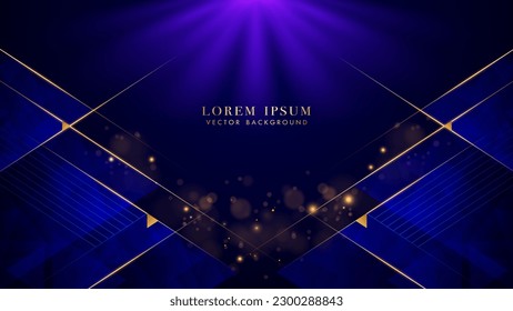 Blue triangle elegant shine with slant golden lines, rays sparkle glowing effect and bokeh elements. Modern Abstract style vector design