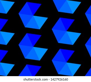 Blue triangle form an incomplete hexagon on a black background